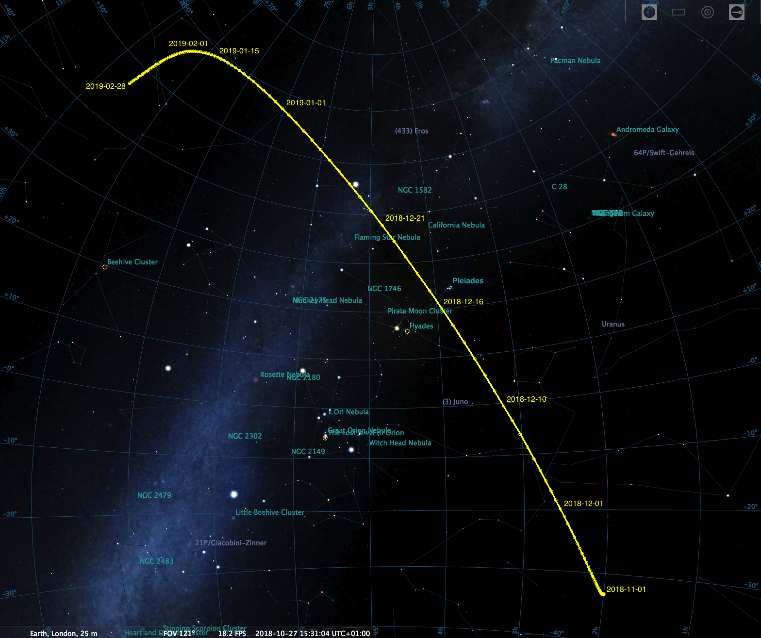 Comet's motion across the sky
from Nov 2018 through Feb 2019